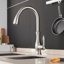 Kitchen Faucet with Sprayer Vessel Installation Nickel Brushed/Electroplated One Hole Widespread Pull Out/High Arc, Brass Kitchen Faucet Contain with Cold and Hot Water