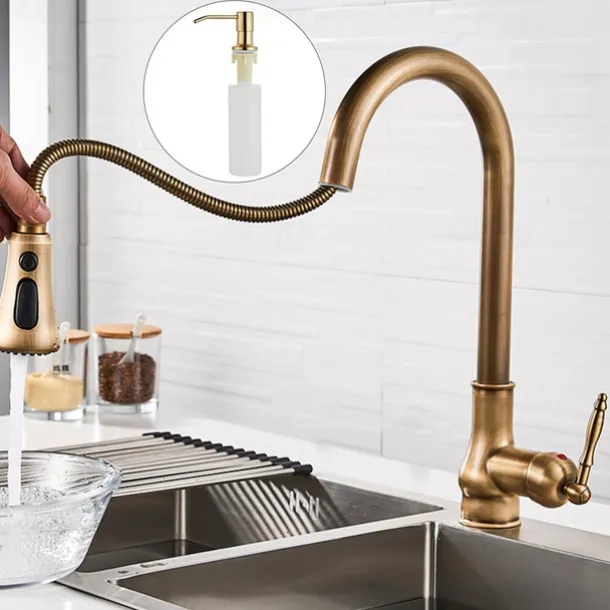 Kitchen Faucet with Sprayer,Antique Brass Pull-out 3-Function Outlet Mode Single Handle One Hole Sink Kitchen Taps with Soap Dispenser or Drain