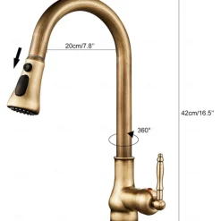 Kitchen Faucet with Sprayer,Antique Brass Pull-out 3-Function Outlet Mode Single Handle One Hole Sink Kitchen Taps with Soap Dispenser or Drain