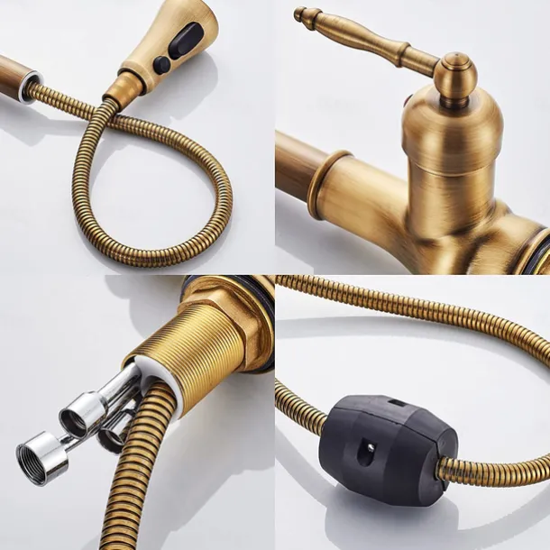 Kitchen Faucet with Sprayer,Antique Brass Pull-out 3-Function Outlet Mode Single Handle One Hole Sink Kitchen Taps with Soap Dispenser or Drain