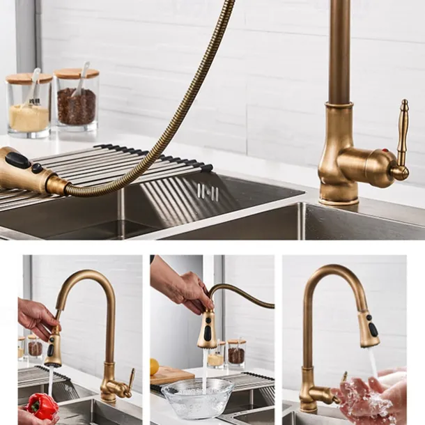 Kitchen Faucet with Sprayer,Antique Brass Pull-out 3-Function Outlet Mode Single Handle One Hole Sink Kitchen Taps with Soap Dispenser or Drain