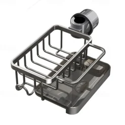 Kitchen Sink Faucet Organizer,Rustproof Aluminum Holder for Sponge, Soap, Brush, Space-Saving Design with Drip Tray, Easy Installation