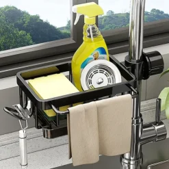 Kitchen Sink Faucet Organizer,Rustproof Aluminum Holder for Sponge, Soap, Brush, Space-Saving Design with Drip Tray, Easy Installation