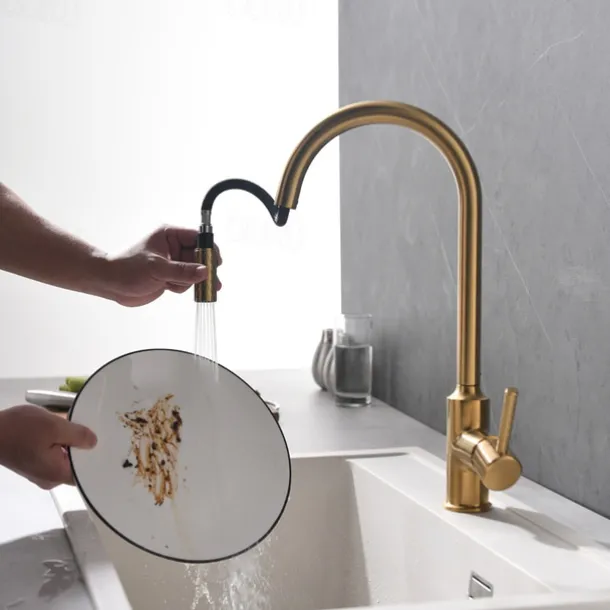 Kitchen Sink Mixer Faucet Pull Out, Single Lever Handle Brushed Solid Brass Taps Cold Hot Hose, One Hole with Pull Down Sprayer Black Gold Faucets