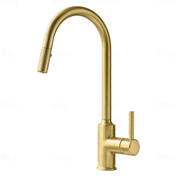 Kitchen Sink Mixer Faucet Pull Out, Single Lever Handle Brushed Solid Brass Taps Cold Hot Hose, One Hole with Pull Down Sprayer Black Gold Faucets
