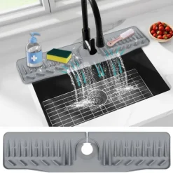 Kitchen Sink Splash Guard, 24in Faucet Mat Splash Catcher, Handle Drip Catcher Tray, Multipurpose for Kitchen Dish Drying Mats Sponge Holder and Bathroom Countertop Protect-Grey