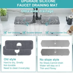 Kitchen Sink Splash Guard, 24in Faucet Mat Splash Catcher, Handle Drip Catcher Tray, Multipurpose for Kitchen Dish Drying Mats Sponge Holder and Bathroom Countertop Protect-Grey