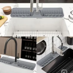 Kitchen Sink Splash Guard, 24in Faucet Mat Splash Catcher, Handle Drip Catcher Tray, Multipurpose for Kitchen Dish Drying Mats Sponge Holder and Bathroom Countertop Protect-Grey