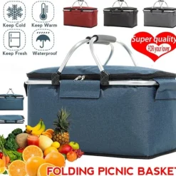 24L High Quality Picnic Insulated Folding Handle Picnic Basket Cooler Camping Picnic Basket -Grocery Basket- Laundry Basket -Market Basket-Insulated Strong Aluminum Frame basket Oxford Cloth