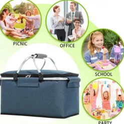 24L High Quality Picnic Insulated Folding Handle Picnic Basket Cooler Camping Picnic Basket -Grocery Basket- Laundry Basket -Market Basket-Insulated Strong Aluminum Frame basket Oxford Cloth
