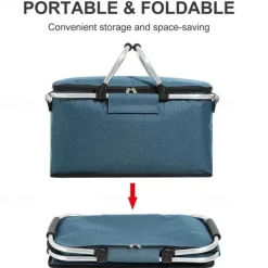 24L High Quality Picnic Insulated Folding Handle Picnic Basket Cooler Camping Picnic Basket -Grocery Basket- Laundry Basket -Market Basket-Insulated Strong Aluminum Frame basket Oxford Cloth