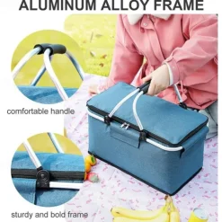 24L High Quality Picnic Insulated Folding Handle Picnic Basket Cooler Camping Picnic Basket -Grocery Basket- Laundry Basket -Market Basket-Insulated Strong Aluminum Frame basket Oxford Cloth