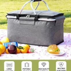 24L High Quality Picnic Insulated Folding Handle Picnic Basket Cooler Camping Picnic Basket -Grocery Basket- Laundry Basket -Market Basket-Insulated Strong Aluminum Frame basket Oxford Cloth