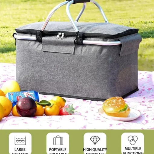 24L High Quality Picnic Insulated Folding Handle Picnic Basket Cooler Camping Picnic Basket -Grocery Basket- Laundry Basket -Market Basket-Insulated Strong Aluminum Frame basket Oxford Cloth