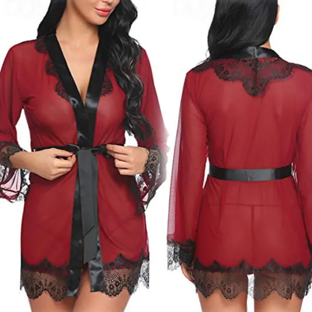 Ladies Sexy See-Through Gauze Nightgown Lace Edge Fun Set Home Outfits