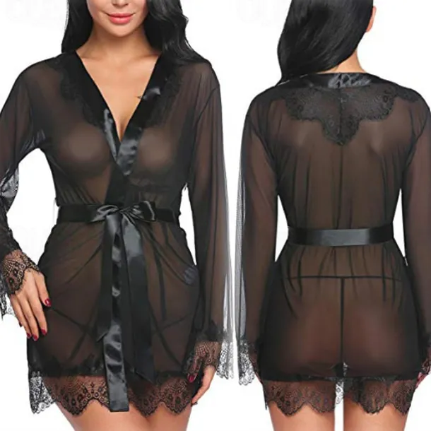 Ladies Sexy See-Through Gauze Nightgown Lace Edge Fun Set Home Outfits