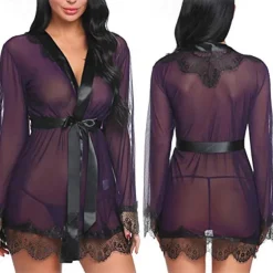 Ladies Sexy See-Through Gauze Nightgown Lace Edge Fun Set Home Outfits