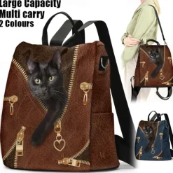 Large Capacity Black Cat Animal Print Multi-Carry Backpack - Durable and Spacious School Bag with Adjustable Straps, Available in Two Colors