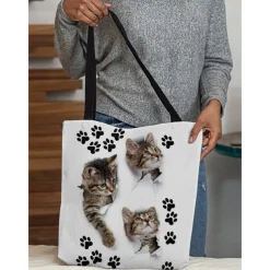 Large Capacity Tote Bag with 3D Cat Print and Paw Patterns – Casual Lightweight Shopping Bag for Cat Lovers, Perfect for Daily Use and Gift Giving