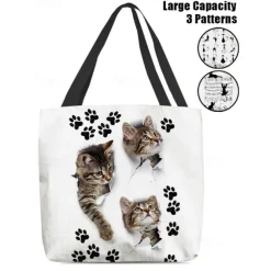 Large Capacity Tote Bag with 3D Cat Print and Paw Patterns – Casual Lightweight Shopping Bag for Cat Lovers, Perfect for Daily Use and Gift Giving