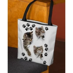 Large Capacity Tote Bag with 3D Cat Print and Paw Patterns – Casual Lightweight Shopping Bag for Cat Lovers, Perfect for Daily Use and Gift Giving