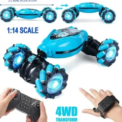 Latest 4WD 1:14 Scale Remote Control Stunt Car 2.4G Wireless RC Drift Car Led Lights Watch Gesture Sensor Rotating Children's Toy Gift