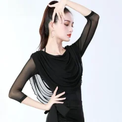 Latin Dance Activewear Top Pure Color Splicing Women's Training Performance 3/4 Length Sleeve High Cotton Blend