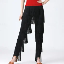 Latin Dance Ballroom Dance Pants Tassel Pure Color Splicing Women's Performance Training High Spandex