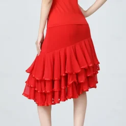 Latin Dance Ballroom Dance Skirts Ruffles Pure Color Splicing Women's Performance Training High Polyester Tulle