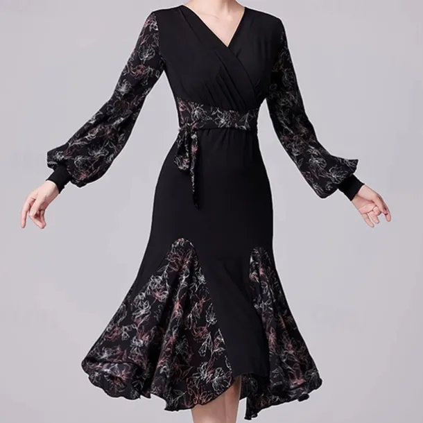 Latin Dance Ballroom Dance Dress Splicing Women's Performance Daily Wear Long Sleeve Crystal Cotton