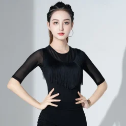 Latin Dance Ballroom Dance Activewear Top Fringed Tassel Ruching Pure Color Women's Performance Training Half Sleeve High Polyester