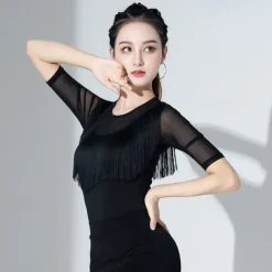 Latin Dance Ballroom Dance Activewear Top Fringed Tassel Ruching Pure Color Women's Performance Training Half Sleeve High Polyester
