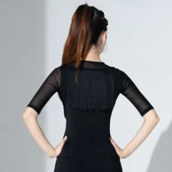Latin Dance Ballroom Dance Activewear Top Fringed Tassel Ruching Pure Color Women's Performance Training Half Sleeve High Polyester