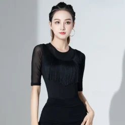 Latin Dance Ballroom Dance Activewear Top Fringed Tassel Ruching Pure Color Women's Performance Training Half Sleeve High Polyester