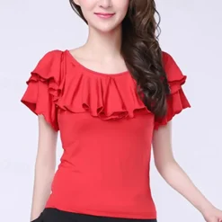 Latin Dance Ballroom Dance Activewear Top Ruffles Pure Color Splicing Women's Performance Training Short Sleeve Milk Fiber