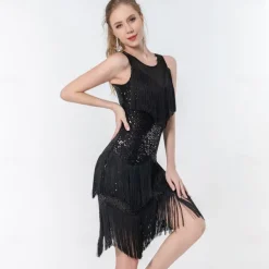 Latin Dance Dance Costumes Exotic Dancewear Dress Tassel Pure Color Splicing Women's Performance Training Sleeveless High Polyester Sequined