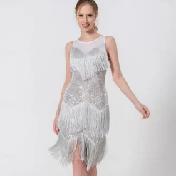 Latin Dance Dance Costumes Exotic Dancewear Dress Tassel Pure Color Splicing Women's Performance Training Sleeveless High Polyester Sequined