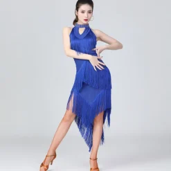 Latin Dance Dress Fringed Tassel Ruching Solid Women's Training Performance Sleeveless High Polyester/Dancing Party Dress