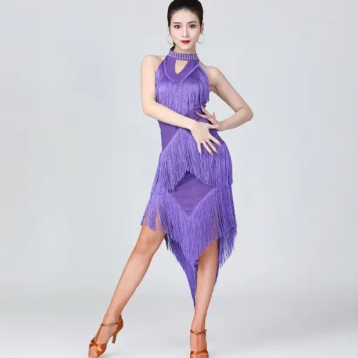 Latin Dance Dress Fringed Tassel Ruching Solid Women's Training Performance Sleeveless High Polyester/Dancing Party Dress