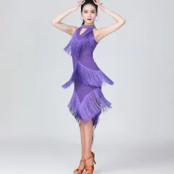 Latin Dance Dress Fringed Tassel Ruching Solid Women's Training Performance Sleeveless High Polyester/Dancing Party Dress