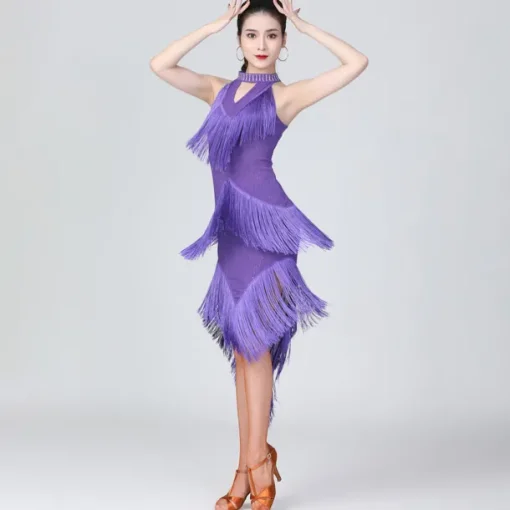 Latin Dance Dress Fringed Tassel Ruching Solid Women's Training Performance Sleeveless High Polyester/Dancing Party Dress