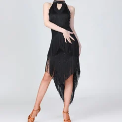 Latin Dance Dress Fringed Tassel Ruching Solid Women's Training Performance Sleeveless High Polyester/Dancing Party Dress
