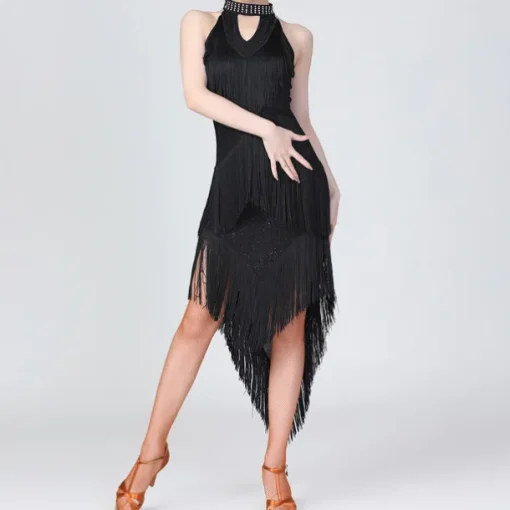 Latin Dance Dress Fringed Tassel Ruching Solid Women's Training Performance Sleeveless High Polyester/Dancing Party Dress