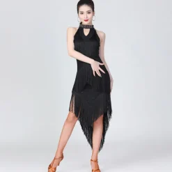 Latin Dance Dress Fringed Tassel Ruching Solid Women's Training Performance Sleeveless High Polyester/Dancing Party Dress