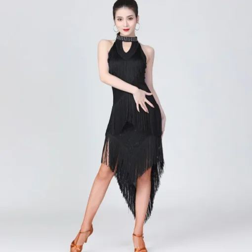 Latin Dance Dress Fringed Tassel Ruching Solid Women's Training Performance Sleeveless High Polyester/Dancing Party Dress