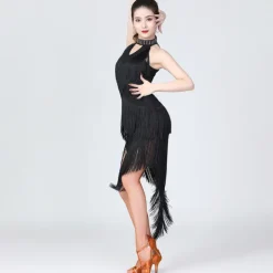 Latin Dance Dress Fringed Tassel Ruching Solid Women's Training Performance Sleeveless High Polyester/Dancing Party Dress