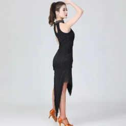 Latin Dance Dress Fringed Tassel Ruching Solid Women's Training Performance Sleeveless High Polyester/Dancing Party Dress