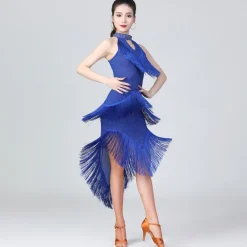 Latin Dance Dress Fringed Tassel Ruching Solid Women's Training Performance Sleeveless High Polyester/Dancing Party Dress