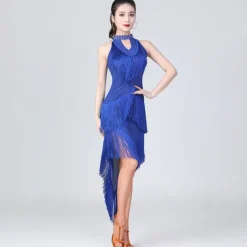 Latin Dance Dress Fringed Tassel Ruching Solid Women's Training Performance Sleeveless High Polyester/Dancing Party Dress