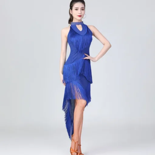 Latin Dance Dress Fringed Tassel Ruching Solid Women's Training Performance Sleeveless High Polyester/Dancing Party Dress